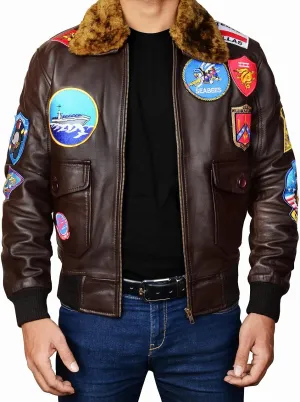 Mens USAAF G1 Gun Aviator Pilot Tom Cruise Maverik Black Fur Collar Bomber Genuine Leather Jacket