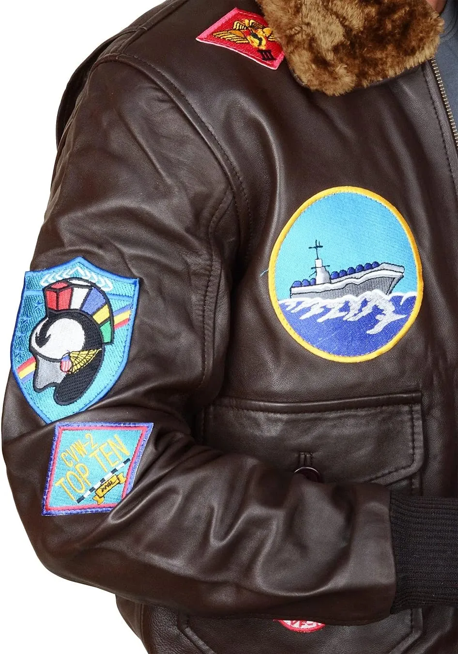 Mens USAAF G1 Gun Aviator Pilot Tom Cruise Maverik Black Fur Collar Bomber Genuine Leather Jacket