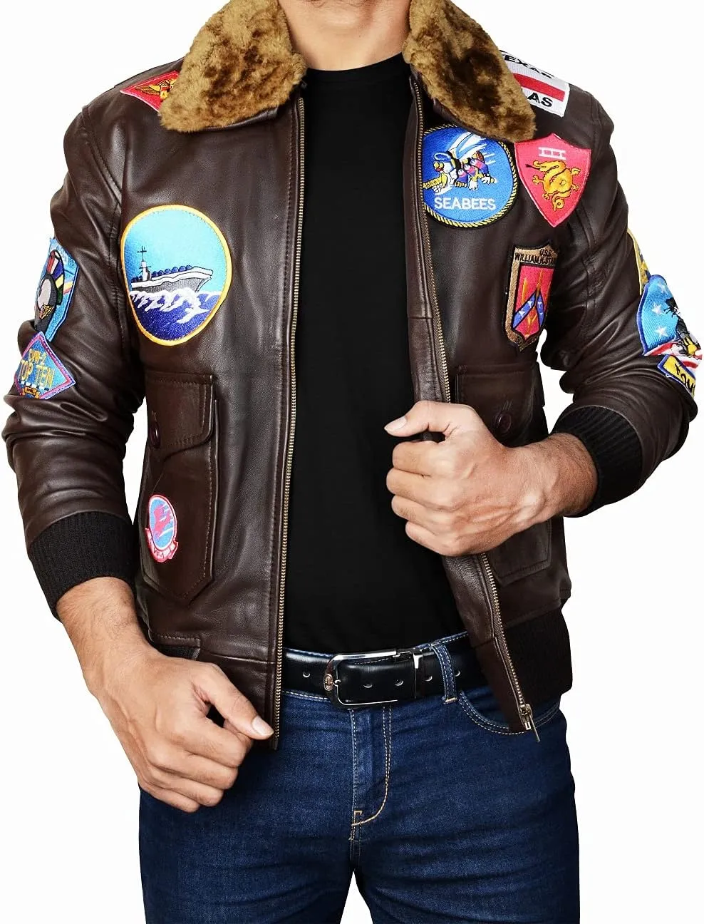 Mens USAAF G1 Gun Aviator Pilot Tom Cruise Maverik Black Fur Collar Bomber Genuine Leather Jacket