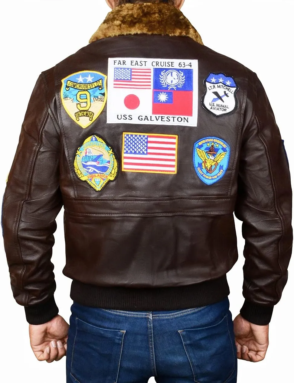 Mens USAAF G1 Gun Aviator Pilot Tom Cruise Maverik Black Fur Collar Bomber Genuine Leather Jacket