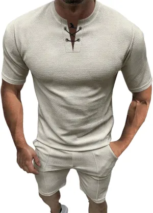 Mens Waffle Two Piece Outfit Short Sleeve Lace Up Knit Henley Shirts Athletic Sweat Shorts Summer Casual Waffle Tracksuits