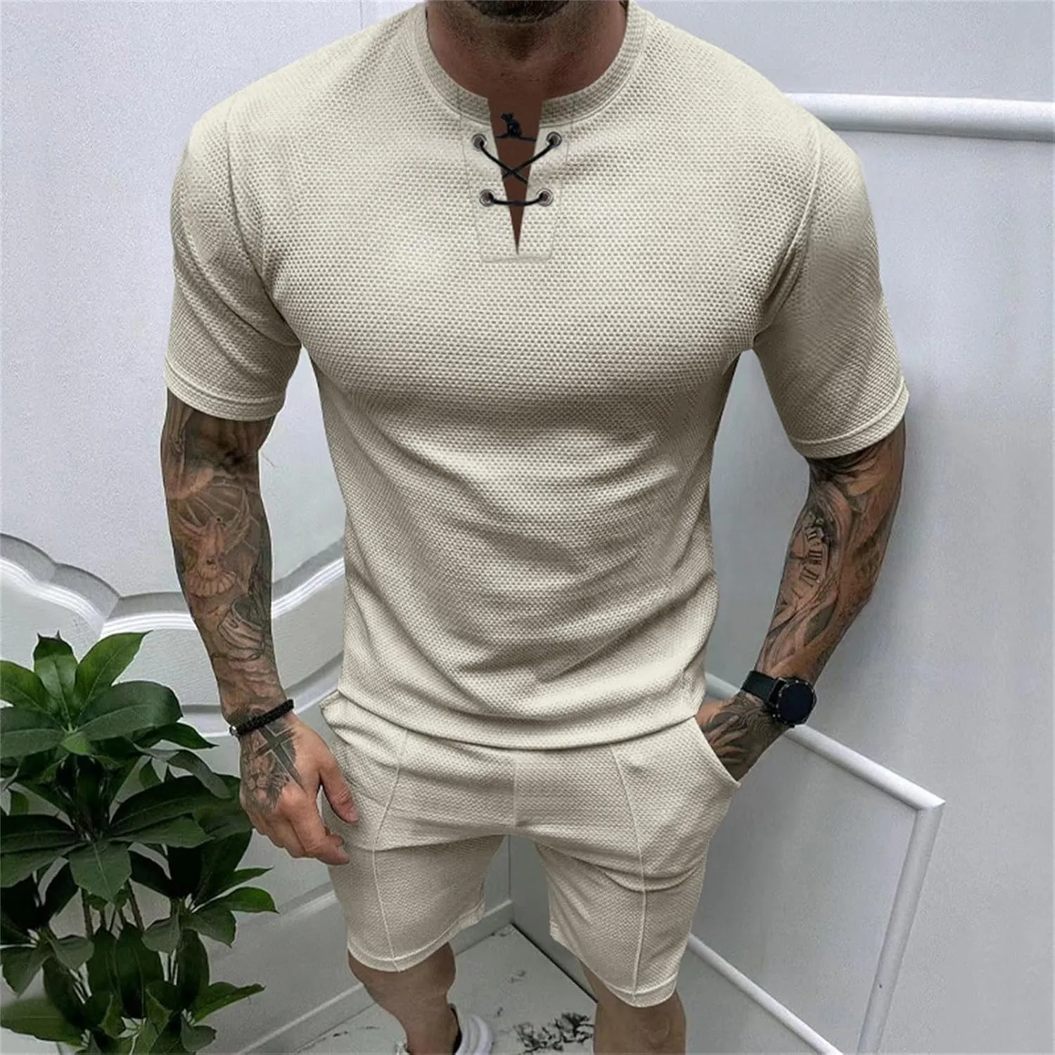 Mens Waffle Two Piece Outfit Short Sleeve Lace Up Knit Henley Shirts Athletic Sweat Shorts Summer Casual Waffle Tracksuits