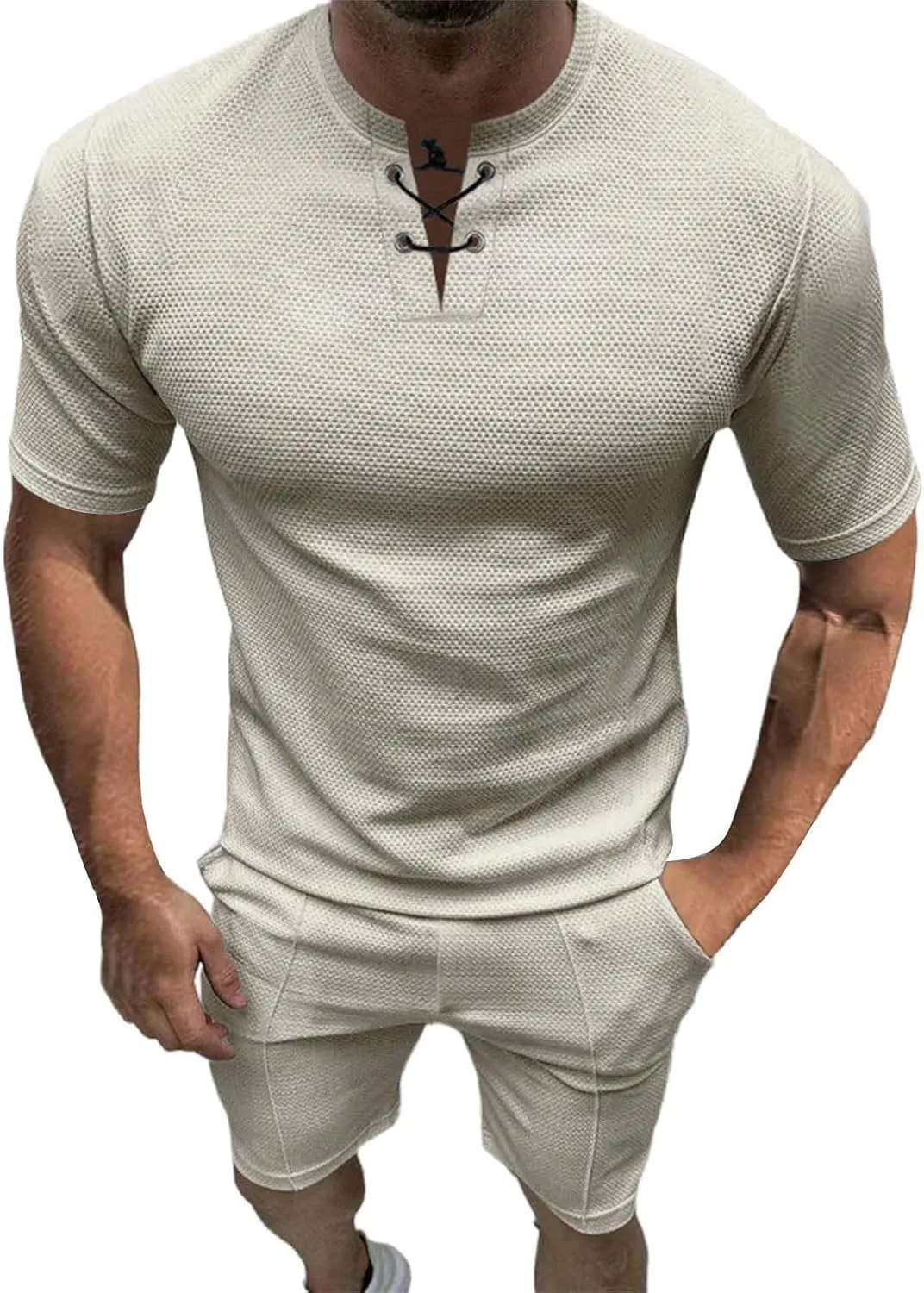 Mens Waffle Two Piece Outfit Short Sleeve Lace Up Knit Henley Shirts Athletic Sweat Shorts Summer Casual Waffle Tracksuits