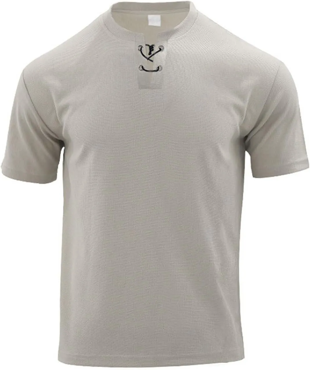 Mens Waffle Two Piece Outfit Short Sleeve Lace Up Knit Henley Shirts Athletic Sweat Shorts Summer Casual Waffle Tracksuits