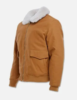 Men's Wheat Work Jacket with Shearling Collar and Hidden Front Pockets