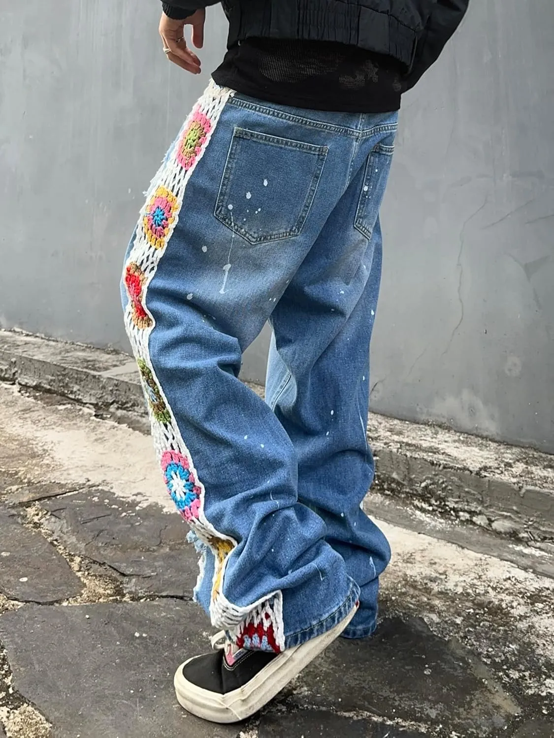 Mens Womens Ripped Baggy Jeans Floral Crochet Wide Leg Denim Pants Casual Loose Distressed Destroyed Jeans