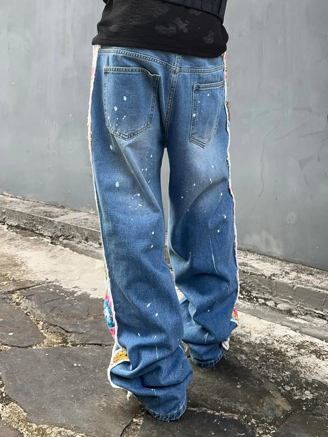 Mens Womens Ripped Baggy Jeans Floral Crochet Wide Leg Denim Pants Casual Loose Distressed Destroyed Jeans
