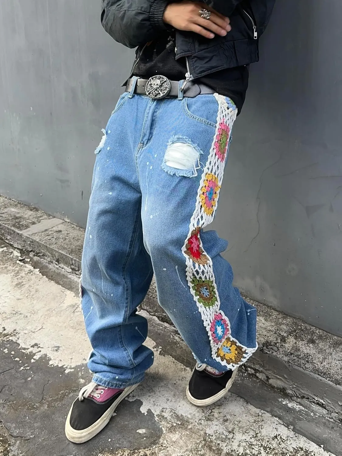 Mens Womens Ripped Baggy Jeans Floral Crochet Wide Leg Denim Pants Casual Loose Distressed Destroyed Jeans