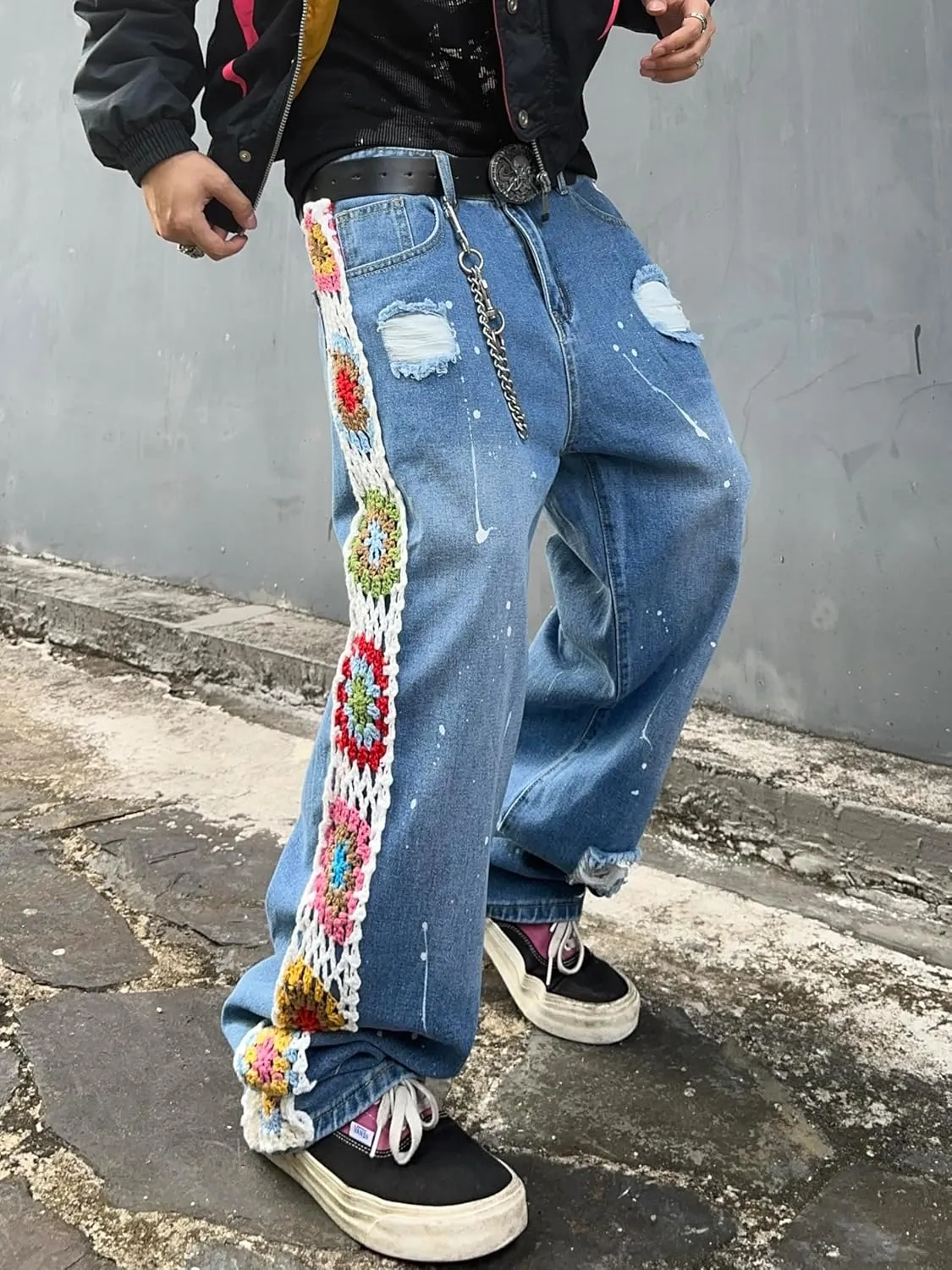 Mens Womens Ripped Baggy Jeans Floral Crochet Wide Leg Denim Pants Casual Loose Distressed Destroyed Jeans