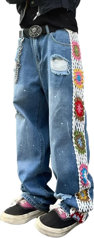 Mens Womens Ripped Baggy Jeans Floral Crochet Wide Leg Denim Pants Casual Loose Distressed Destroyed Jeans