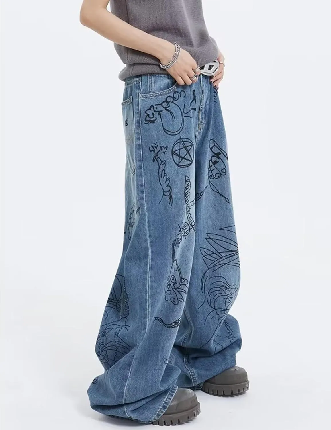 Men's Y2K Jeans Hip Hop Baggy Denim Pants Spiderweb Graphic Jeans Goth Denim Joggers Streetwear
