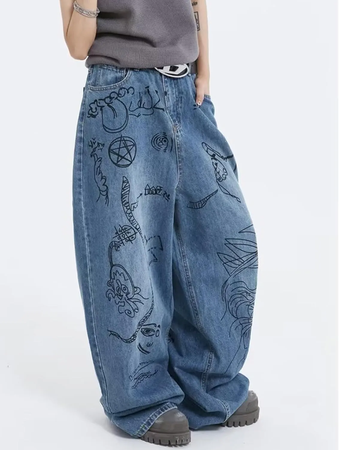 Men's Y2K Jeans Hip Hop Baggy Denim Pants Spiderweb Graphic Jeans Goth Denim Joggers Streetwear