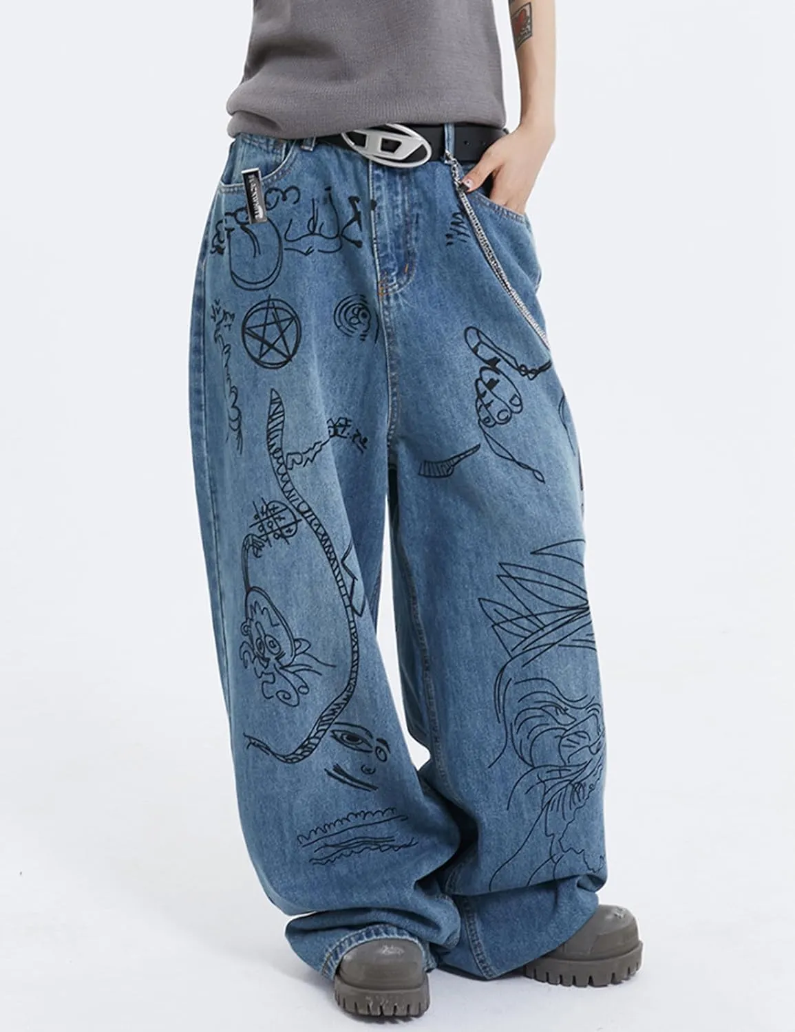 Men's Y2K Jeans Hip Hop Baggy Denim Pants Spiderweb Graphic Jeans Goth Denim Joggers Streetwear