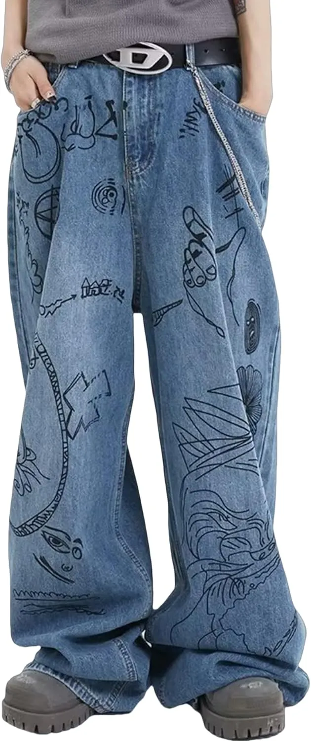 Men's Y2K Jeans Hip Hop Baggy Denim Pants Spiderweb Graphic Jeans Goth Denim Joggers Streetwear