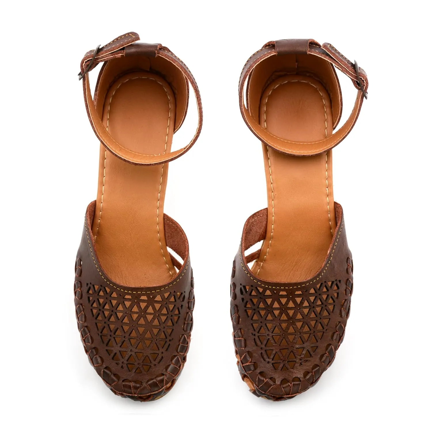 Mexican Leather Shoes with Embroidered Flowers, with Ankle Strap and Heels for Women - Model 1026 (9, BROWN)