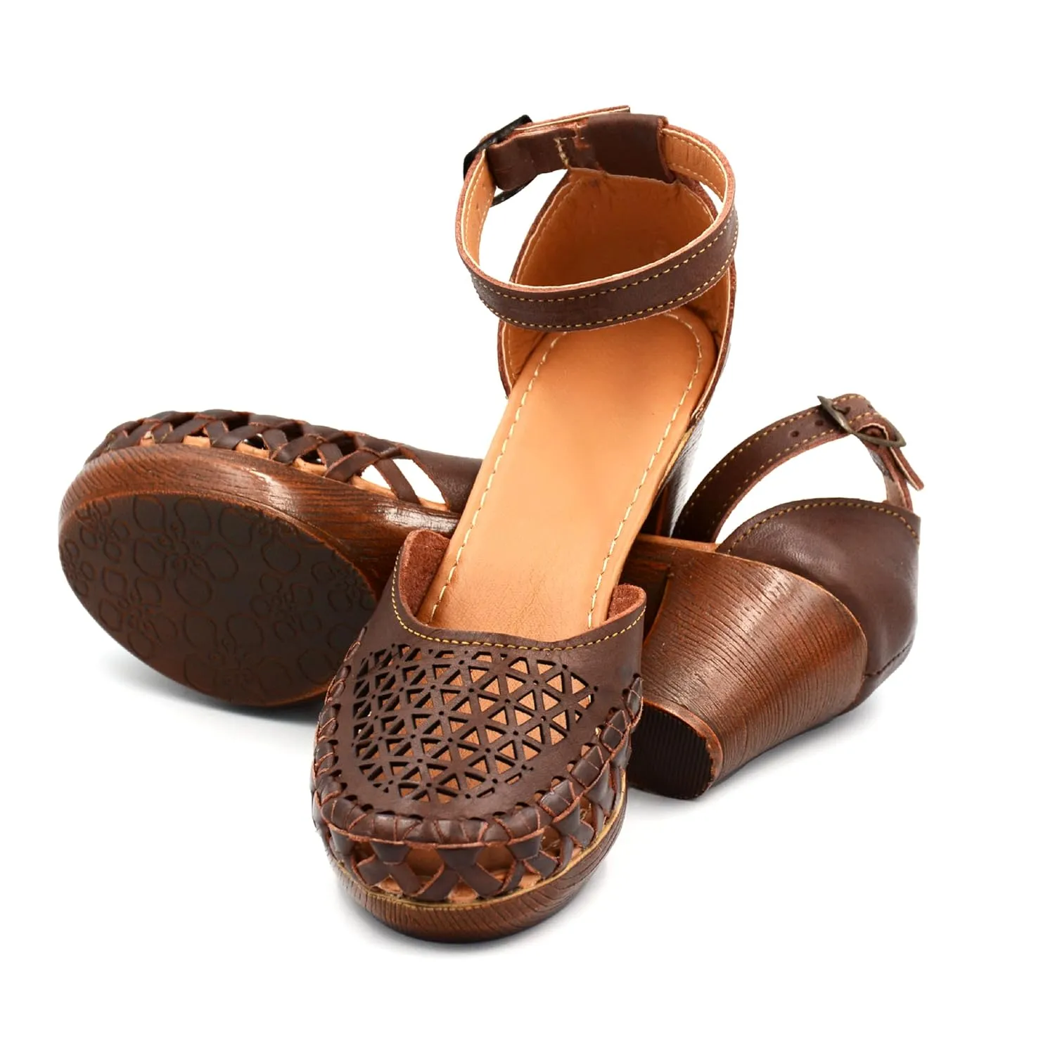 Mexican Leather Shoes with Embroidered Flowers, with Ankle Strap and Heels for Women - Model 1026 (9, BROWN)