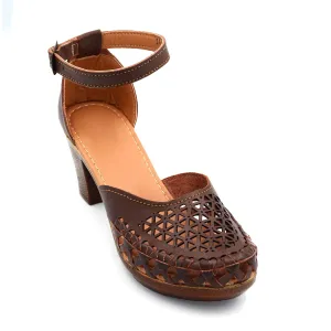 Mexican Leather Shoes with Embroidered Flowers, with Ankle Strap and Heels for Women - Model 1026 (9, BROWN)