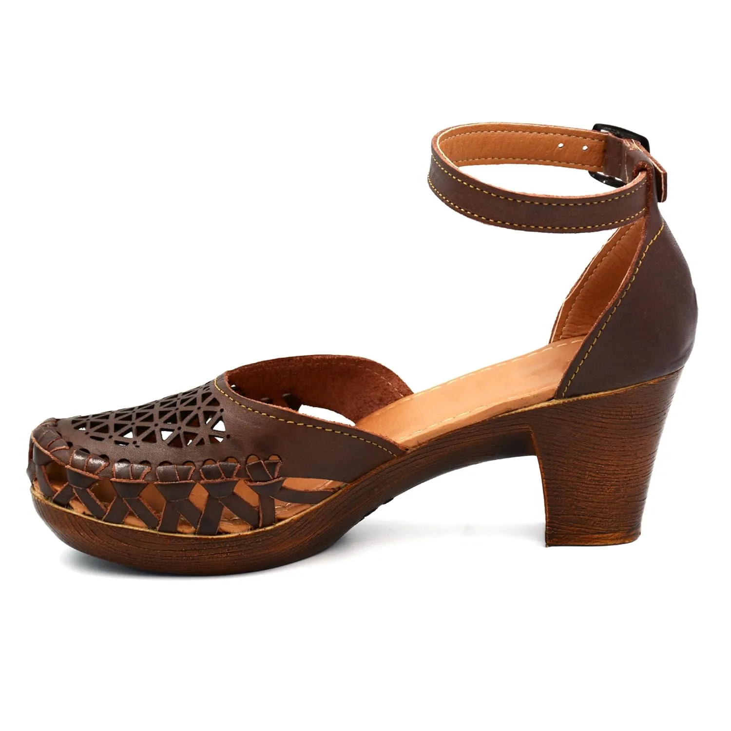 Mexican Leather Shoes with Embroidered Flowers, with Ankle Strap and Heels for Women - Model 1026 (9, BROWN)