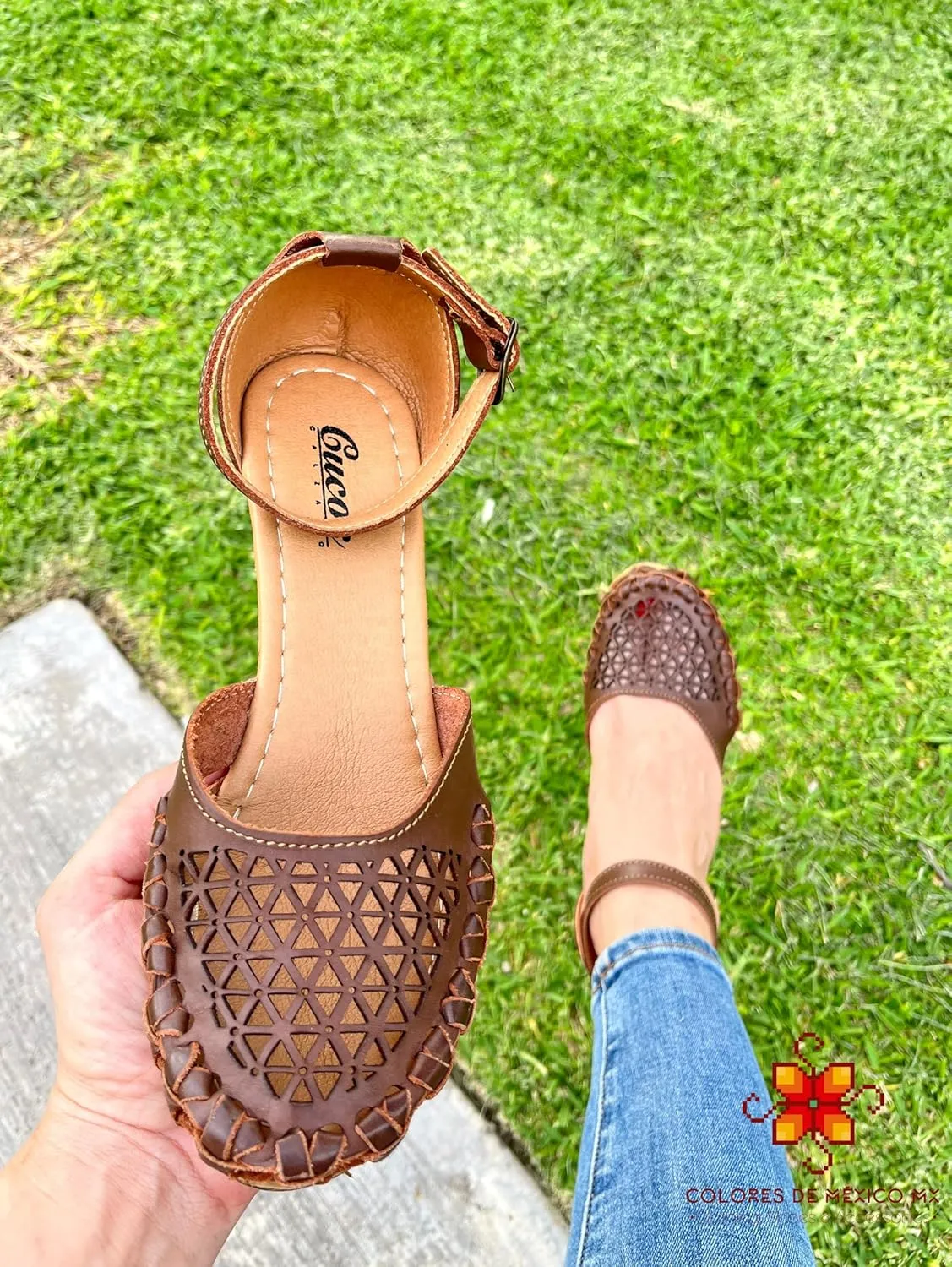 Mexican Leather Shoes with Embroidered Flowers, with Ankle Strap and Heels for Women - Model 1026 (9, BROWN)