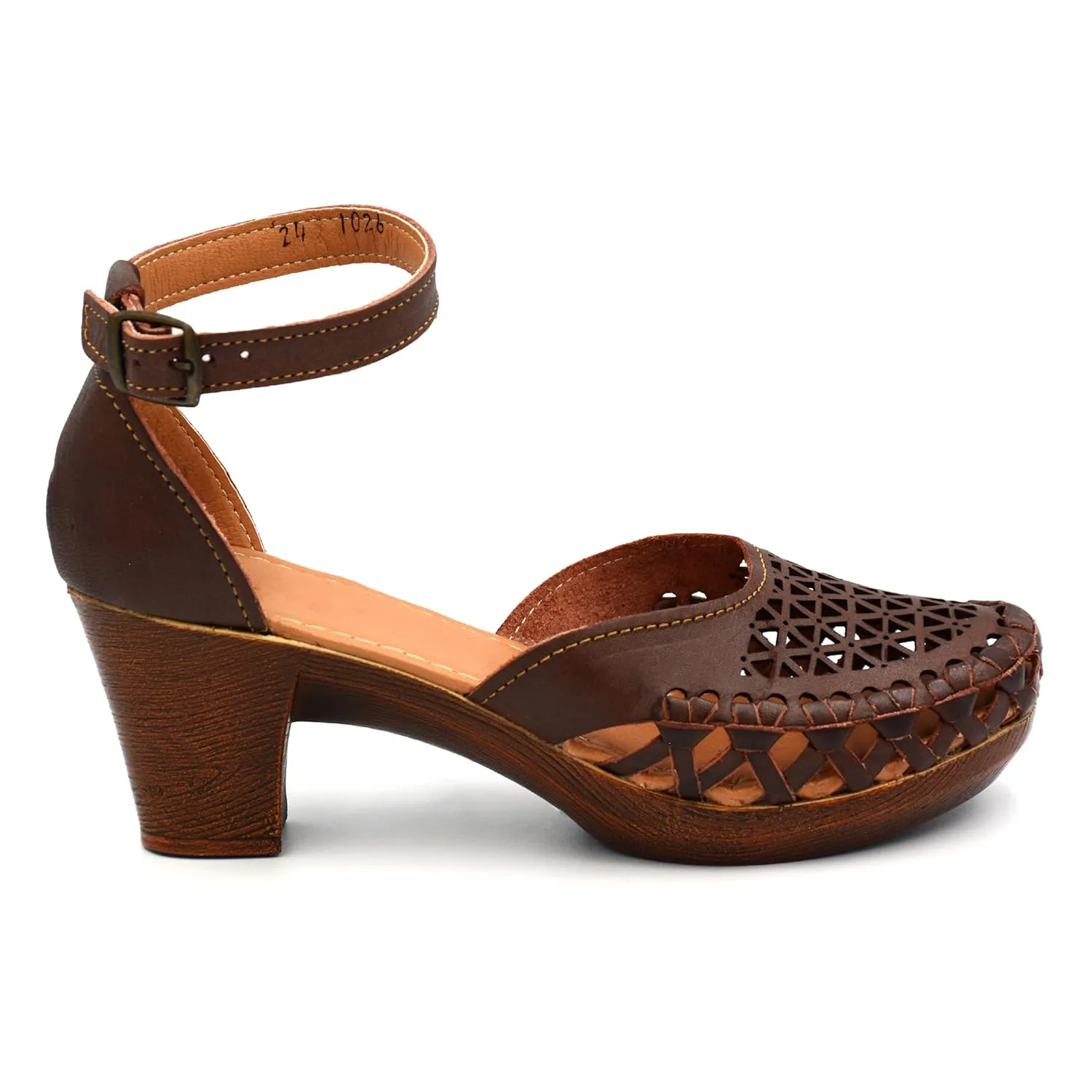 Mexican Leather Shoes with Embroidered Flowers, with Ankle Strap and Heels for Women - Model 1026 (9, BROWN)