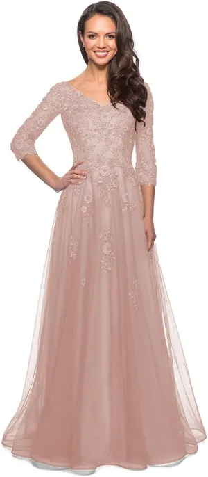 Miao Duo Women's Floral Lace Appliques 3/4 Sleeve Mother of The Bride Dresses Long V Neck Formal Dresses with Pockets YZTS028