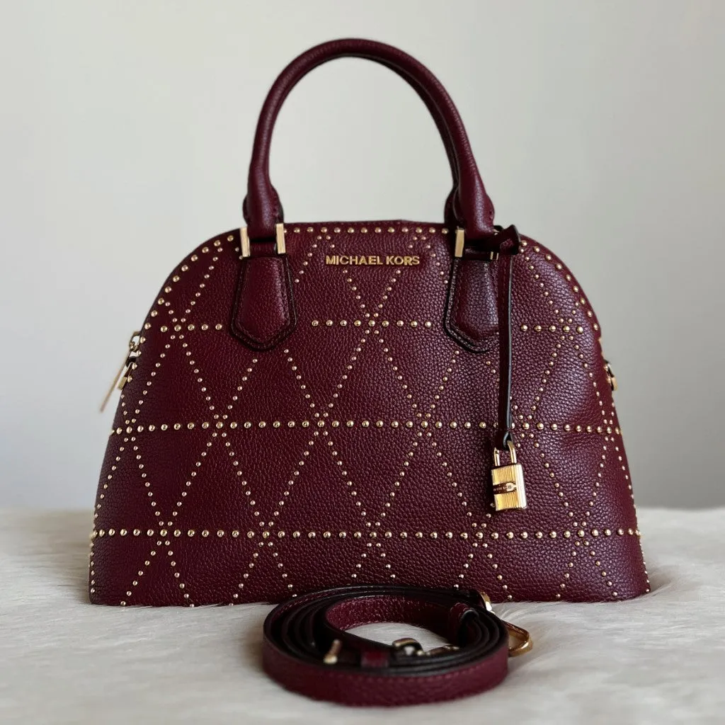 Michael Kors Maroon Leather Front Logo Studded Detail 2 Way Shoulder Bag Like New