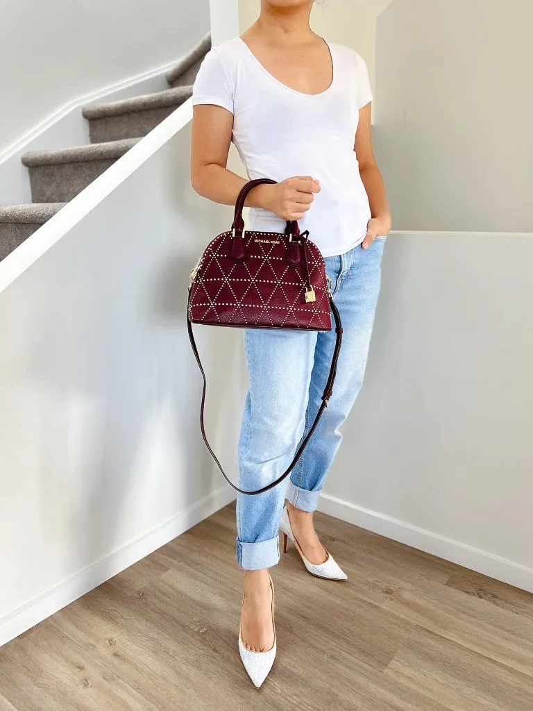Michael Kors Maroon Leather Front Logo Studded Detail 2 Way Shoulder Bag Like New
