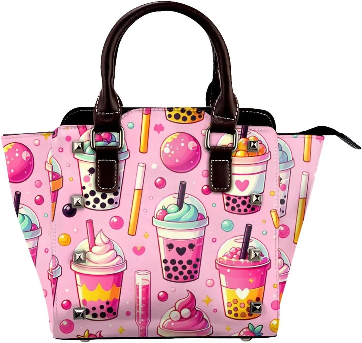 Milk-Tea-Joy Pu Leather Crossbody Studded Bag, Fashionable Shoulder Handbag With Detachable Shoulder Strap