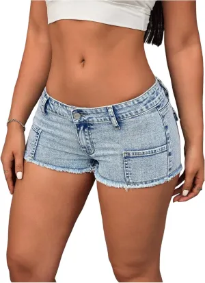Milumia Women's Frayed Hem Mini Denim Shorts Low Waisted Jean Shorts Going Out