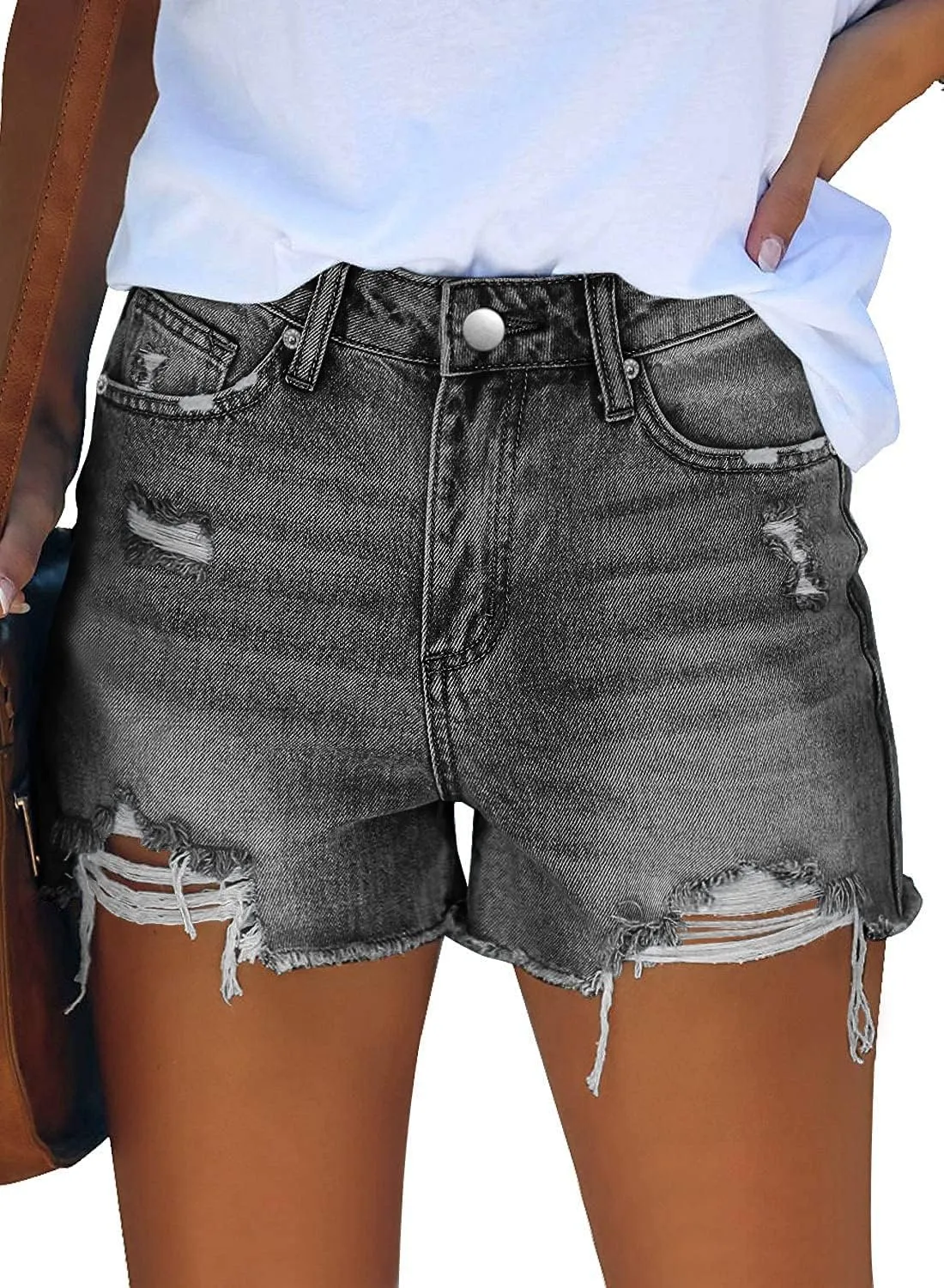 MINGALONDON Women's Denim Shorts Mid Waist Ripped Distressed