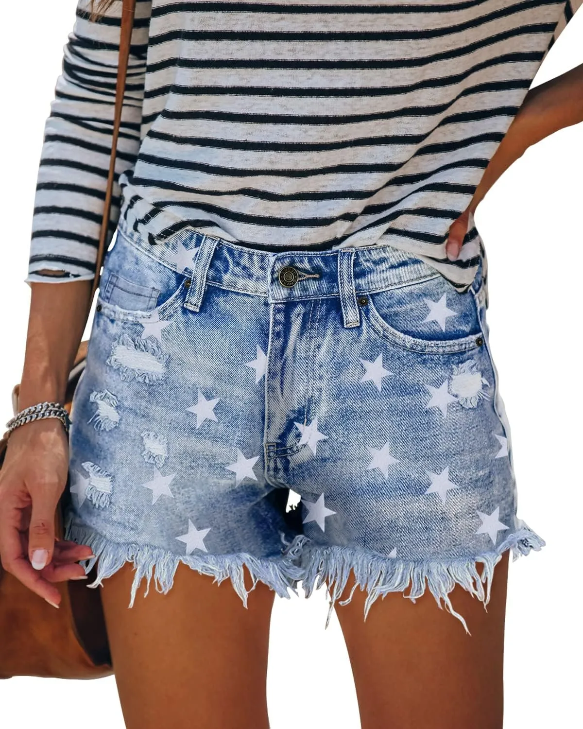 MINGALONDON Women's Denim Shorts Mid Waist Ripped Distressed