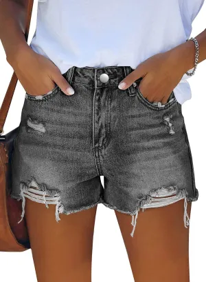 MINGALONDON Women's Denim Shorts Mid Waist Ripped Distressed