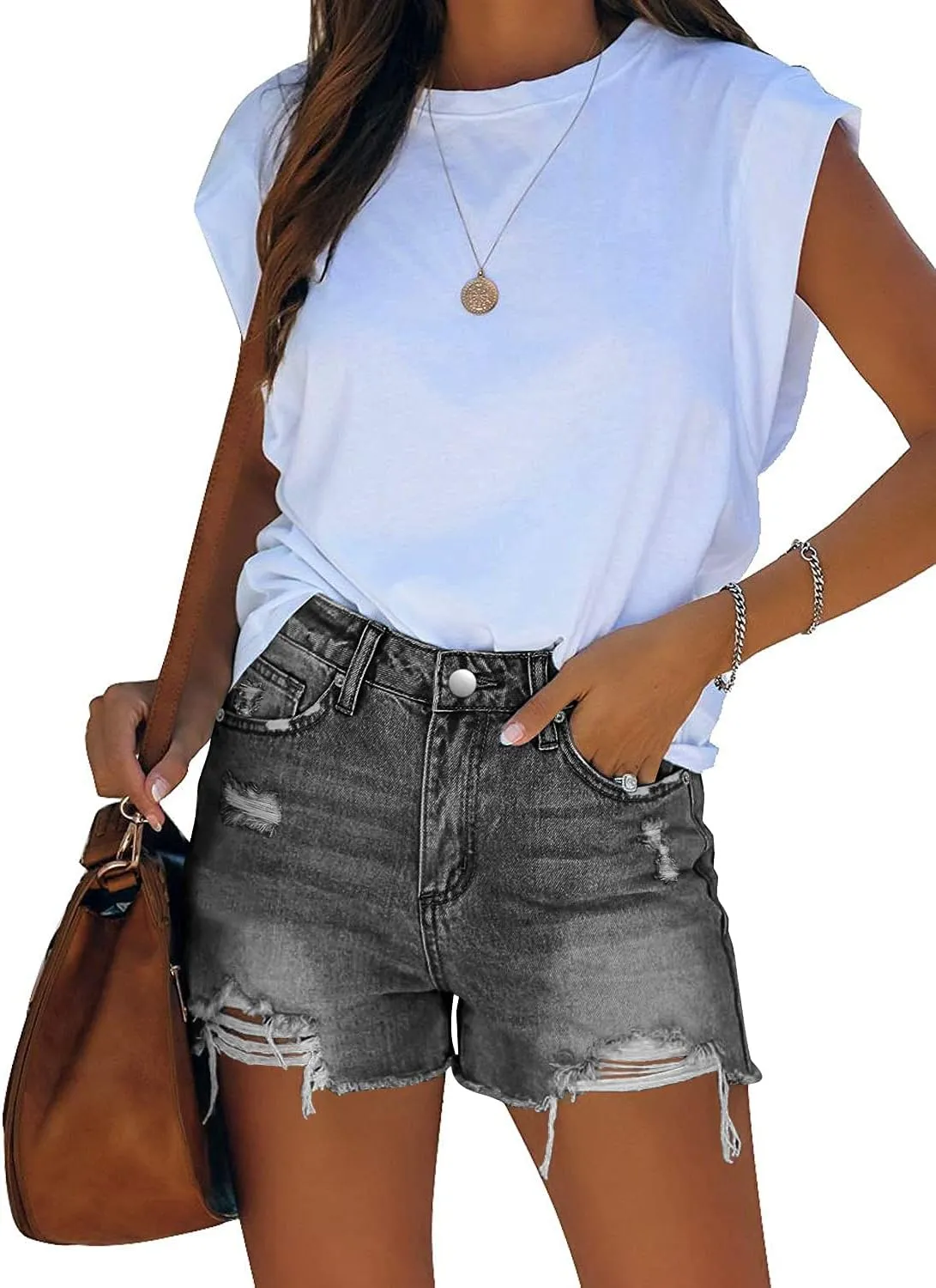 MINGALONDON Women's Denim Shorts Mid Waist Ripped Distressed