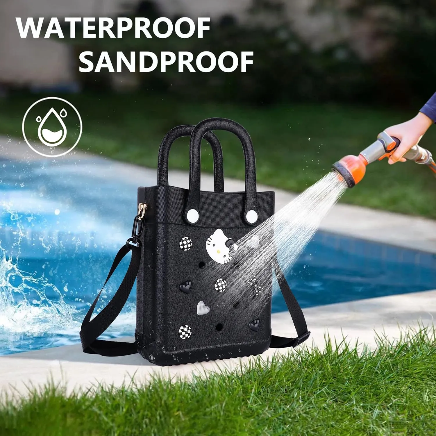 Mini Beach Rubber Tote Bag - Small Waterproof Bitty Washable Handbag with Charms for Women