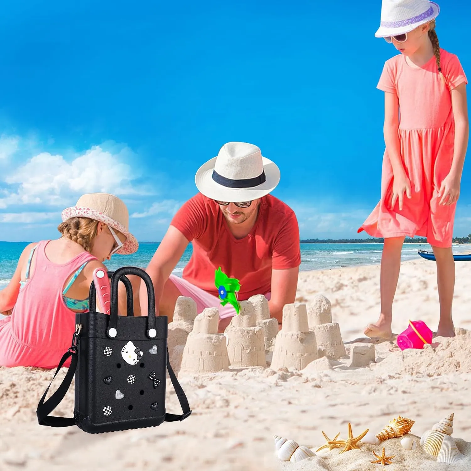Mini Beach Rubber Tote Bag - Small Waterproof Bitty Washable Handbag with Charms for Women