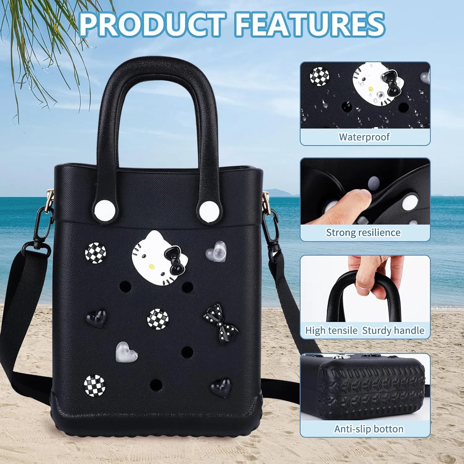 Mini Beach Rubber Tote Bag - Small Waterproof Bitty Washable Handbag with Charms for Women