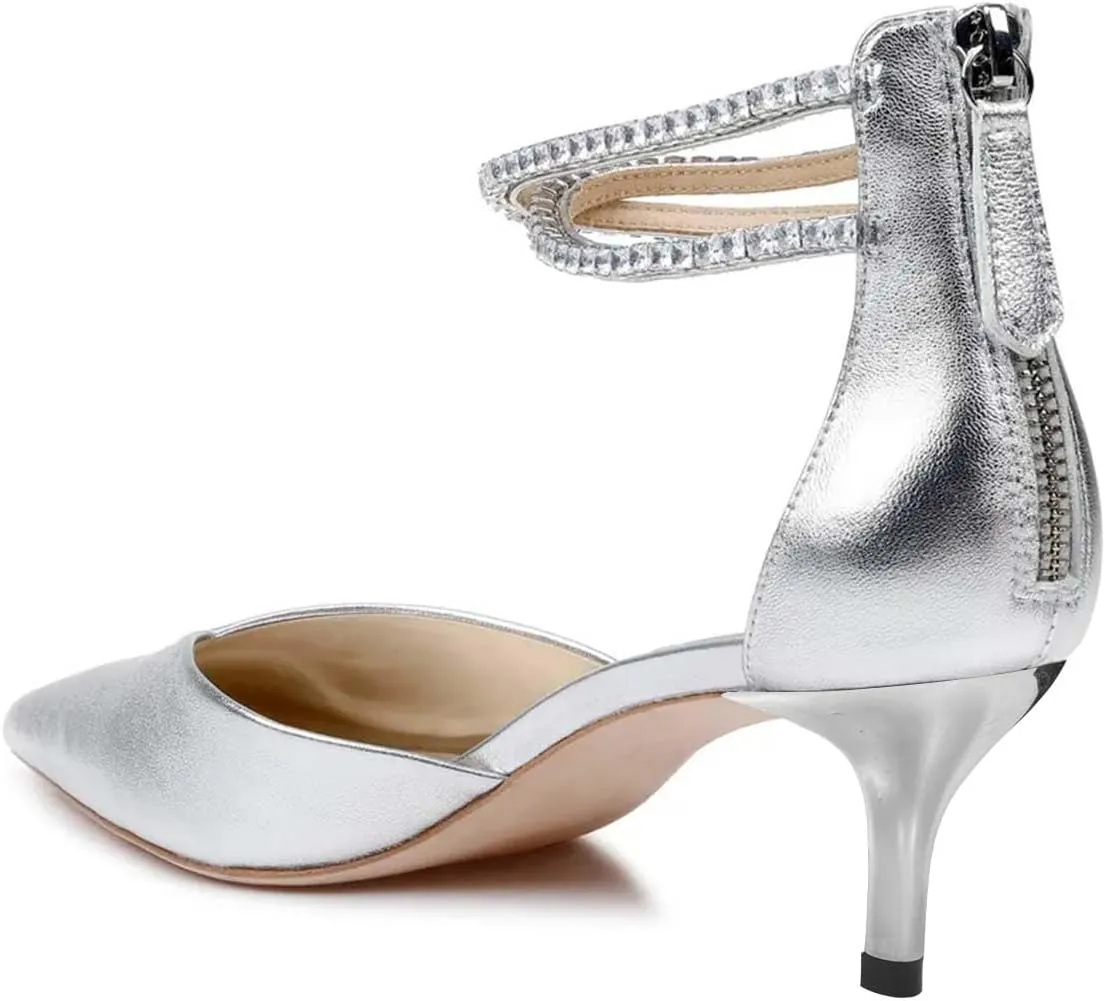 miss left Women's Rhinestones Strappy Closed Pointy Toe D'Orsay Pumps Back Zippers Low Kitten Heel Sandals Chic Prom Dressy Shoes Size 4-16 US