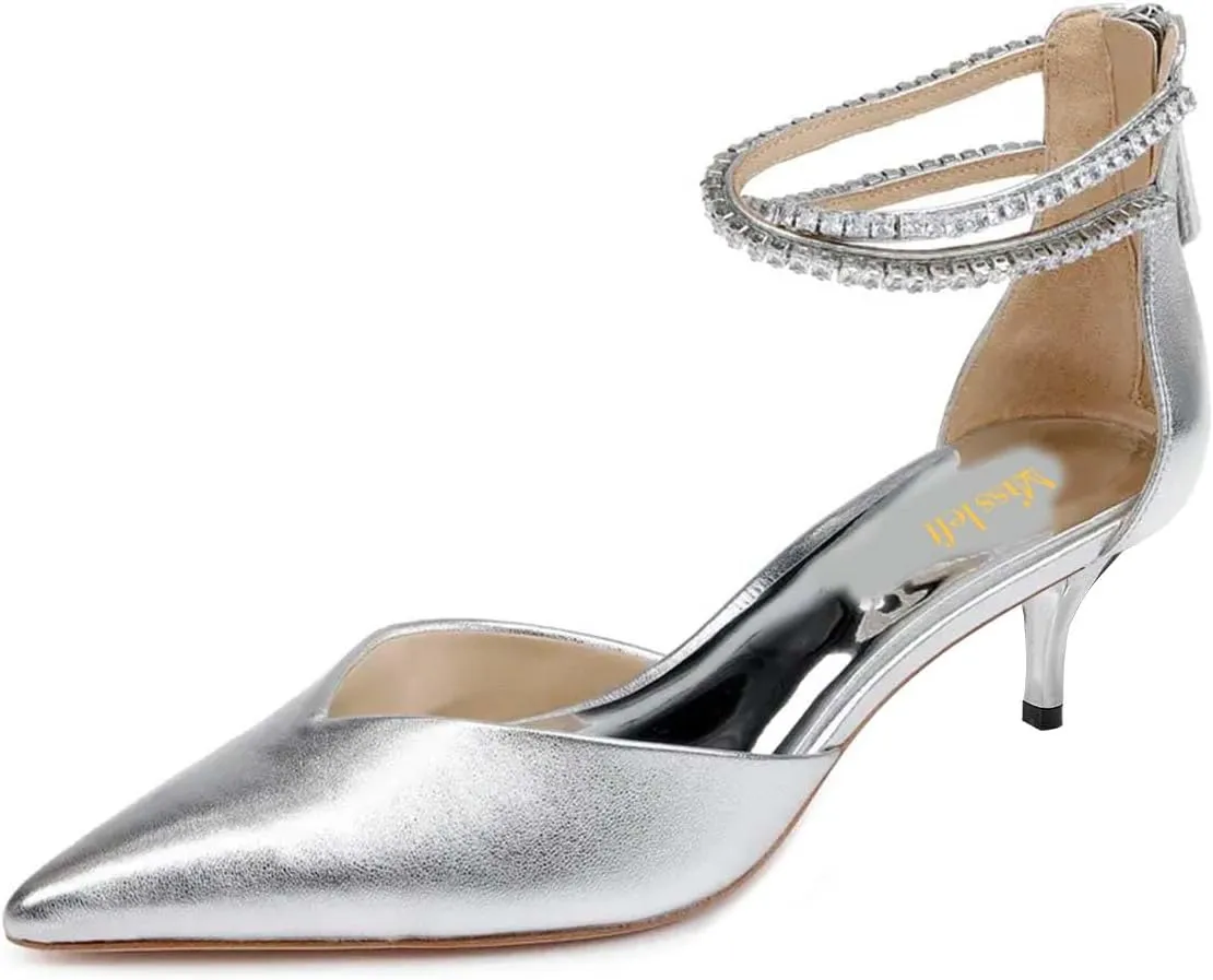 miss left Women's Rhinestones Strappy Closed Pointy Toe D'Orsay Pumps Back Zippers Low Kitten Heel Sandals Chic Prom Dressy Shoes Size 4-16 US