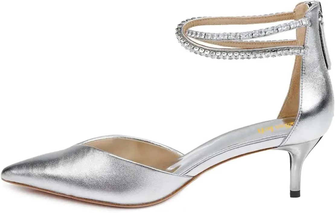 miss left Women's Rhinestones Strappy Closed Pointy Toe D'Orsay Pumps Back Zippers Low Kitten Heel Sandals Chic Prom Dressy Shoes Size 4-16 US