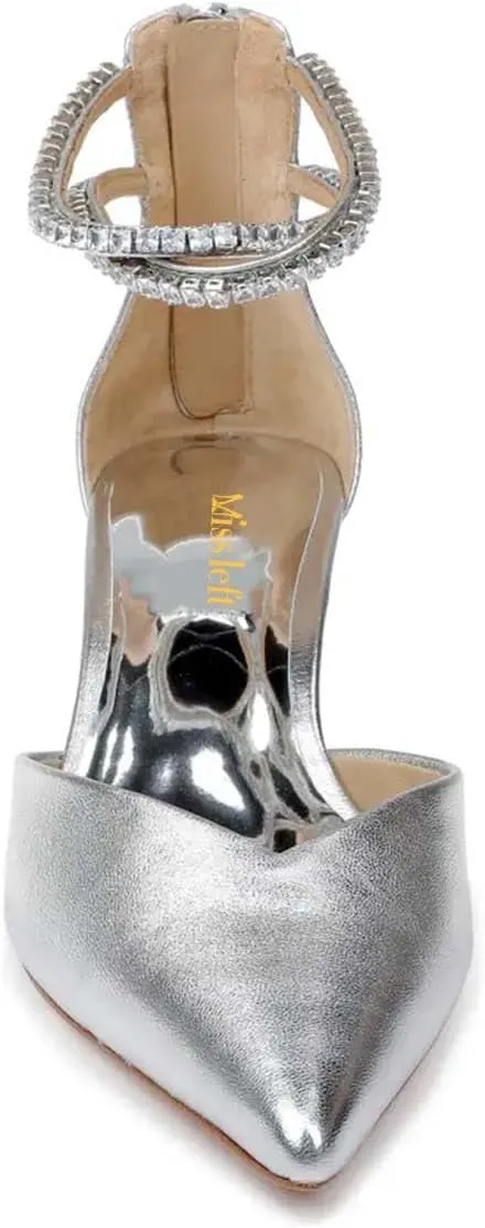 miss left Women's Rhinestones Strappy Closed Pointy Toe D'Orsay Pumps Back Zippers Low Kitten Heel Sandals Chic Prom Dressy Shoes Size 4-16 US