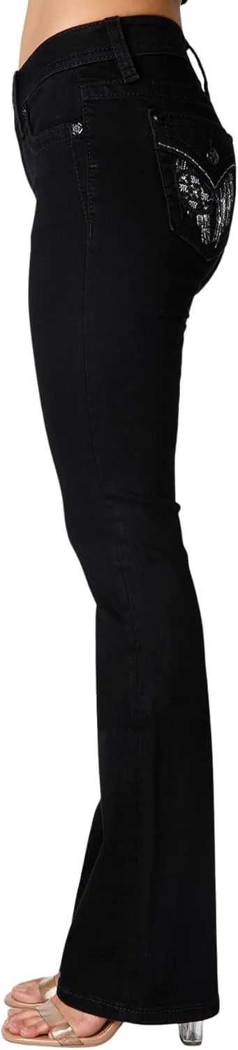 Miss Me Women's Oz Angel Embellished Faux Flap Pockets Mid-Rise Bootcut Jeans