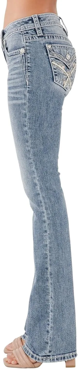 Miss Me Women's Zinnia Cross Stitch Embellished Faux Flap Pockets Mid-Rise Bootcut Jeans
