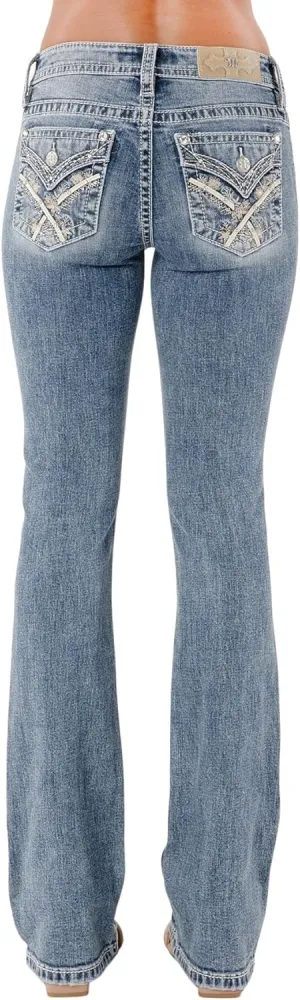 Miss Me Women's Zinnia Cross Stitch Embellished Faux Flap Pockets Mid-Rise Bootcut Jeans