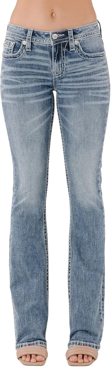 Miss Me Women's Zinnia Cross Stitch Embellished Faux Flap Pockets Mid-Rise Bootcut Jeans