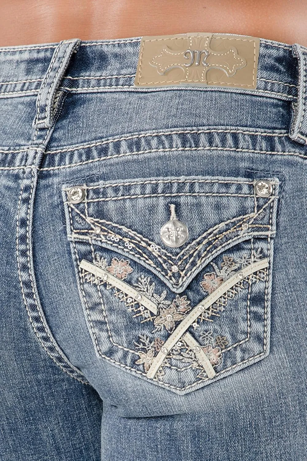 Miss Me Women's Zinnia Cross Stitch Embellished Faux Flap Pockets Mid-Rise Bootcut Jeans