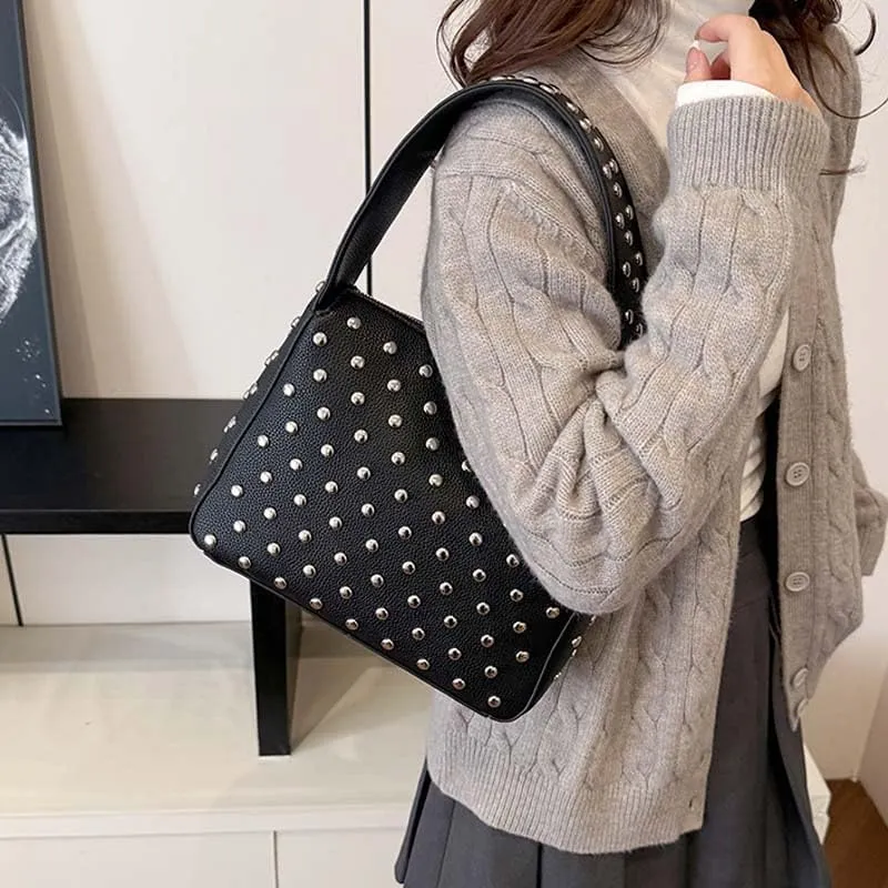 Molodo Studded Purses for Women Punk Shoulder Bag Y2K Soft PU Leather Underarm Bags Trendy Small Tote Handbag Purses