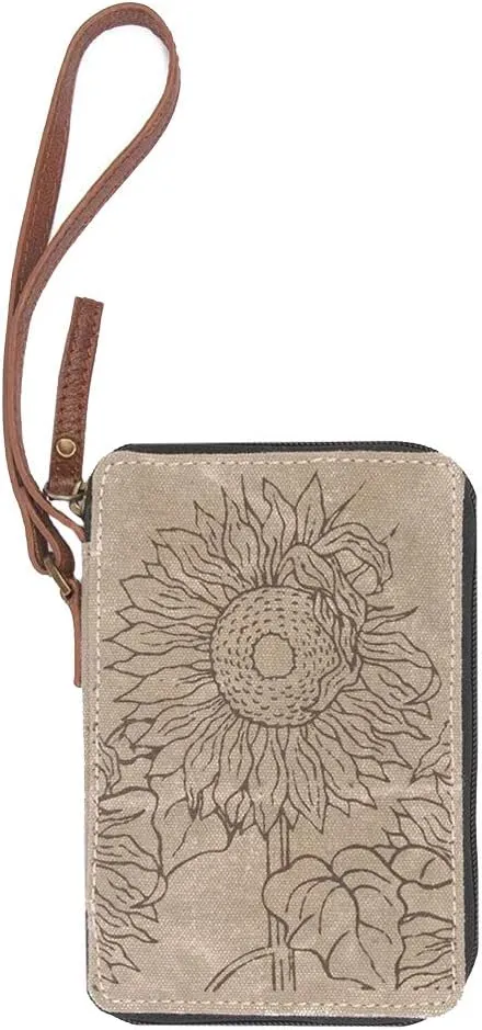 Mona B. Vintage Recycled Upcycled Canvas Sunflower Collection with Vegan Leather Trim (Sunny Tote) (Wallet)