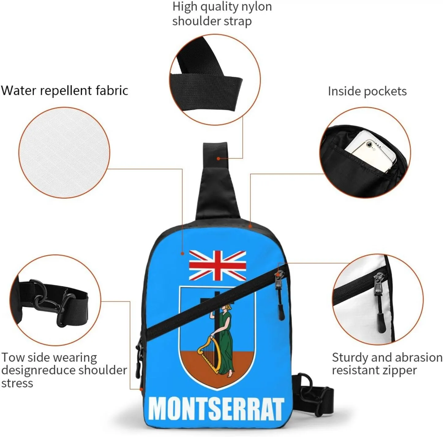 Montserrat Flag Crossbody Bag Portable Sling Bags Foldable Chest Daypack Reusable Sports Shoulder Backpack Diagonally Casual Rucksack Travel Bag