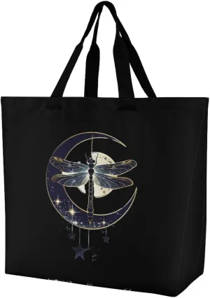 Moon Nature Insect Dragonfly Reusable Shopping Bag with Shoulder Straps Portable Collapsible Grocery Tote Bags