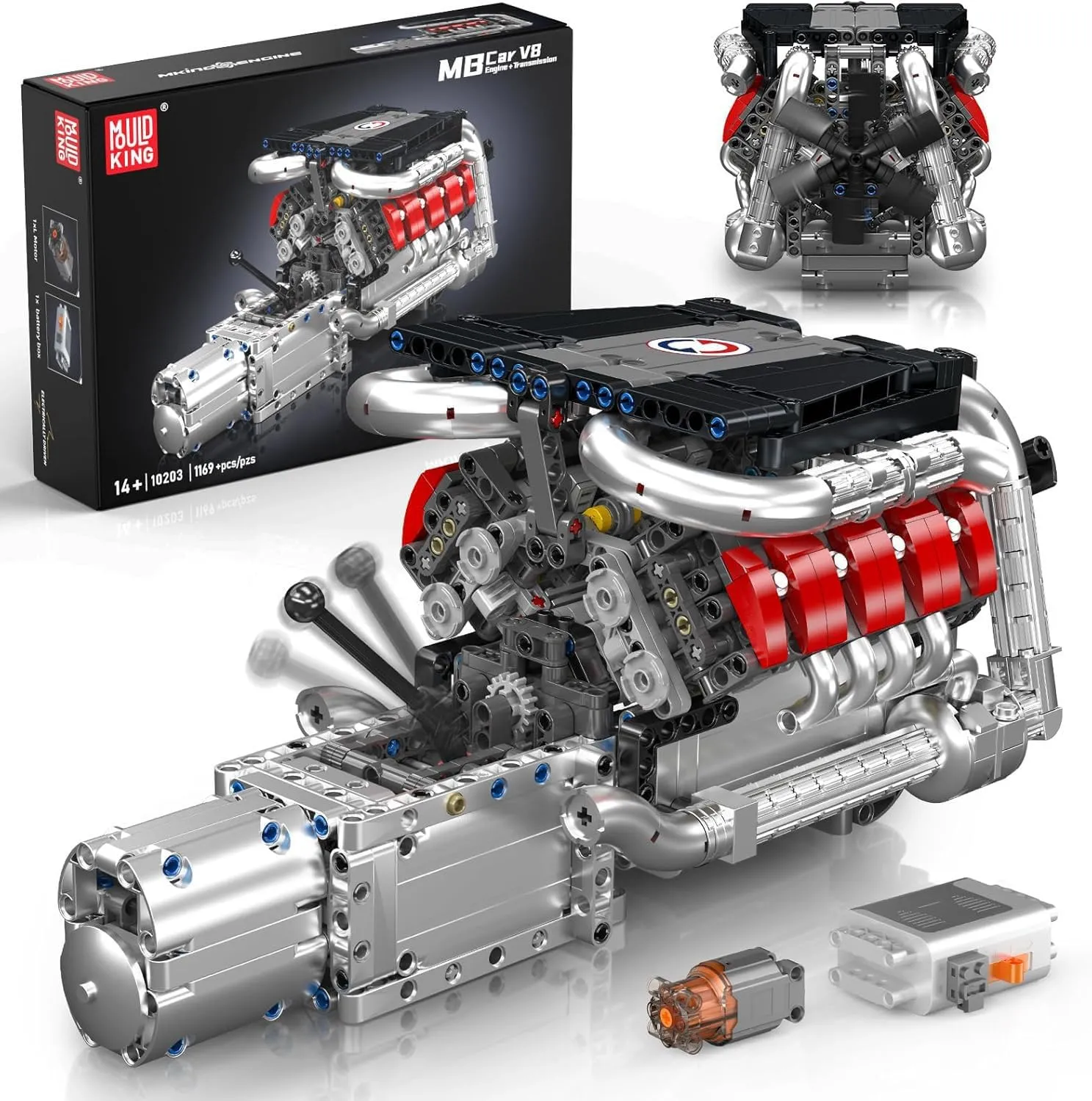 Mould King 10203 V8 Engine Building Kit for Adults, MOC Ideas Mini 4-Speed Transmission V8 Engine Model Toy for Display, STEM Building Project for Boys 8-14(1169 PCS)